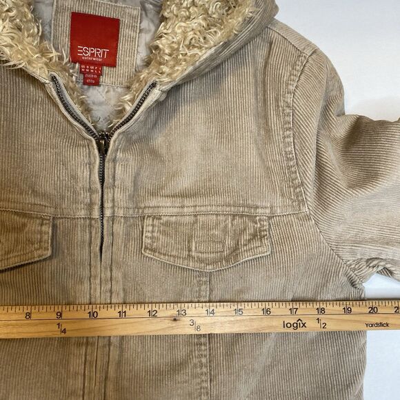 Vintage Y2K Esprit Corduroy Hooded Jacket Women M Beig  Full Zip Faux Fur Trim - Picture 5 of 12